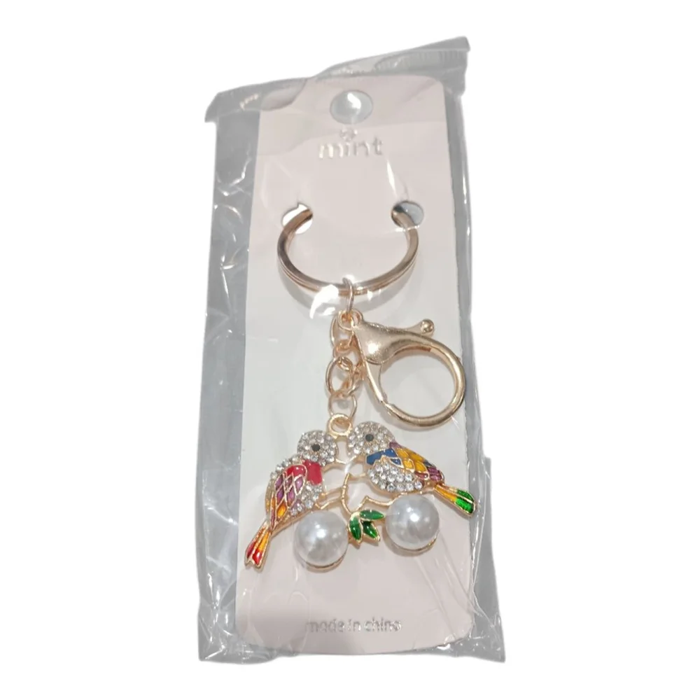 Two Love Birds Sitting in a Tree K-I-S-S-I-N-G! Rhinestone Keychain Purse Charm